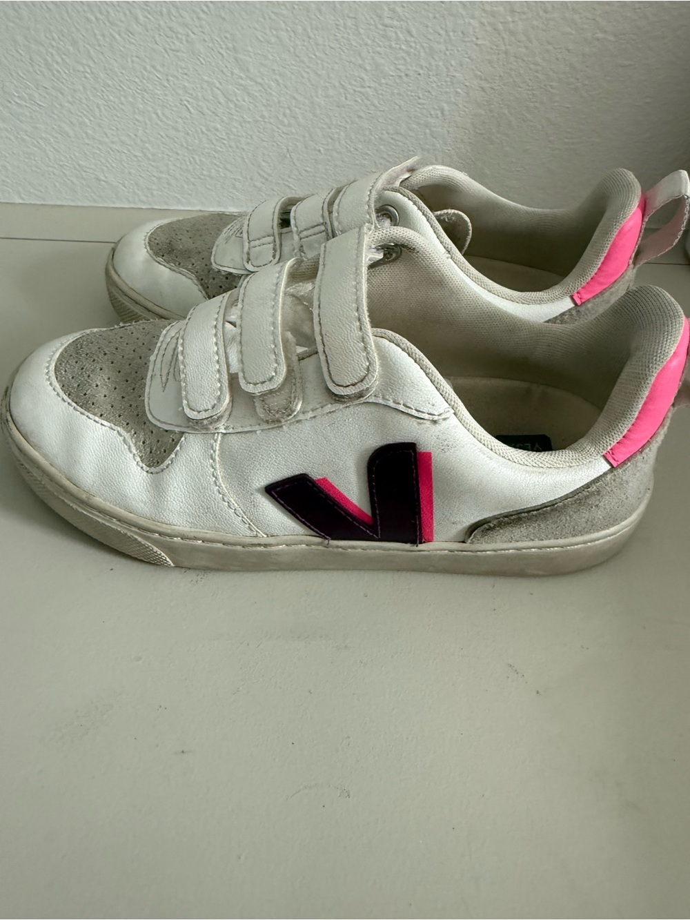 Veja Kids White Sneakers with Pink and Black V Detail